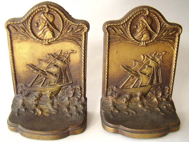 A pair of antique Sailing ship and sailor bookends by Bradley & Hubbard circa 1929